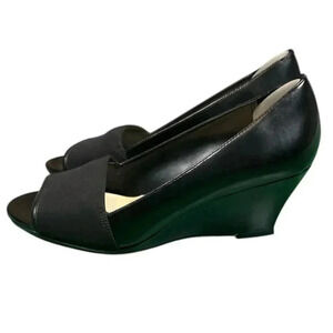 Ellen Tracy Women's Black Leather Slide Wedge Open Toe Heels Rhyme 8.5 Used